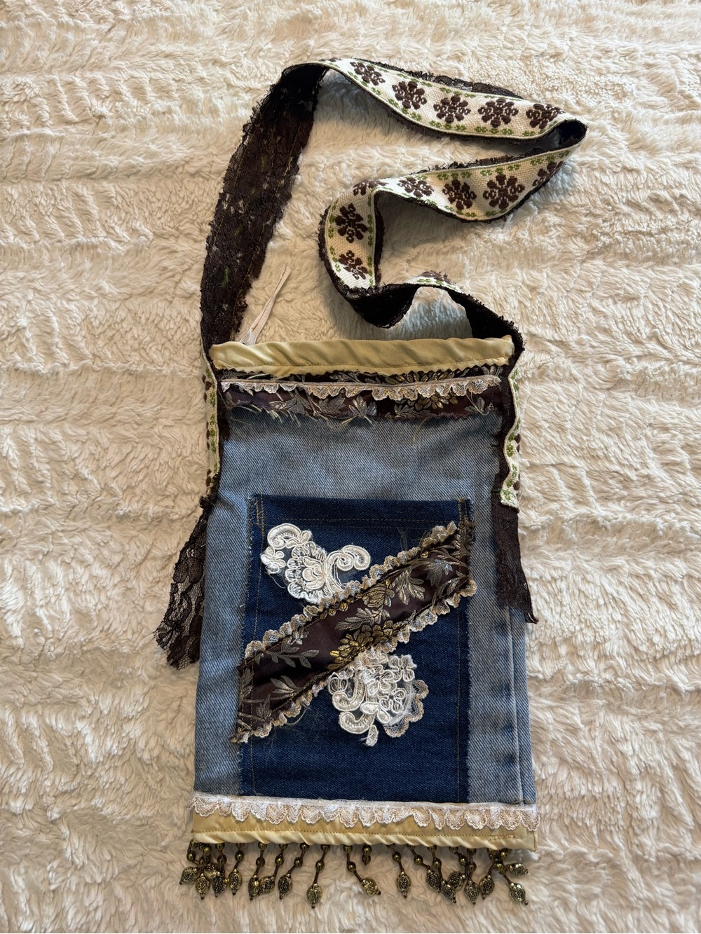 Vintage 1970s Handmade Upcycled Denim Boho Gypsy Crossbody Bag  beaded